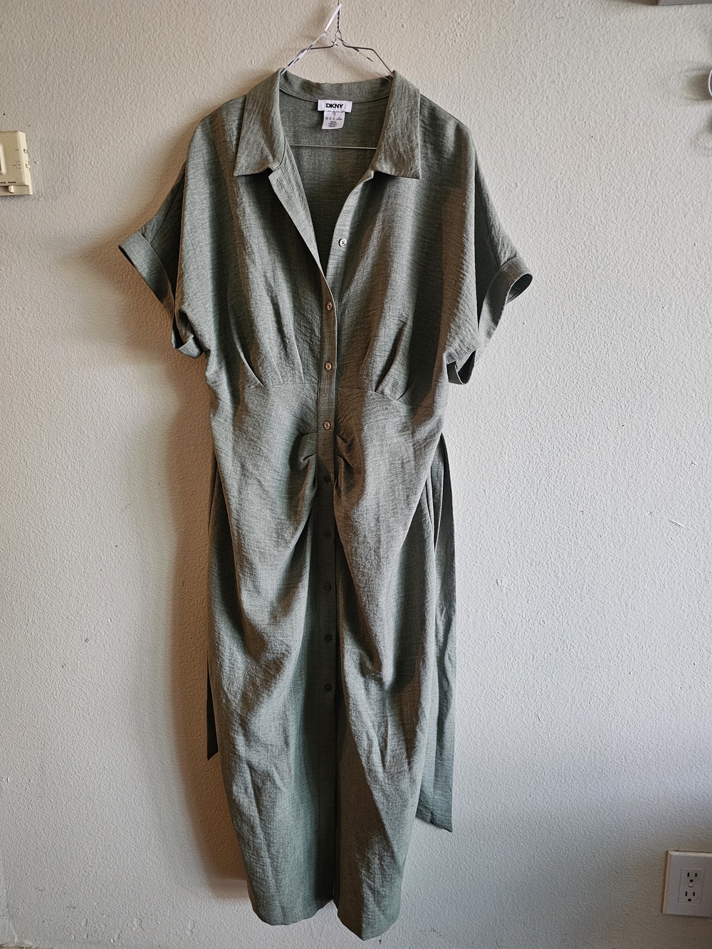 DKNY Olive Green Button-Front Shirt Dress
